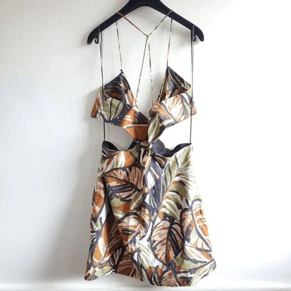 ZARA Linen Blend Camo Lined Cut out Dress size Medium Palm Leaf Print - Picture 5 of 9